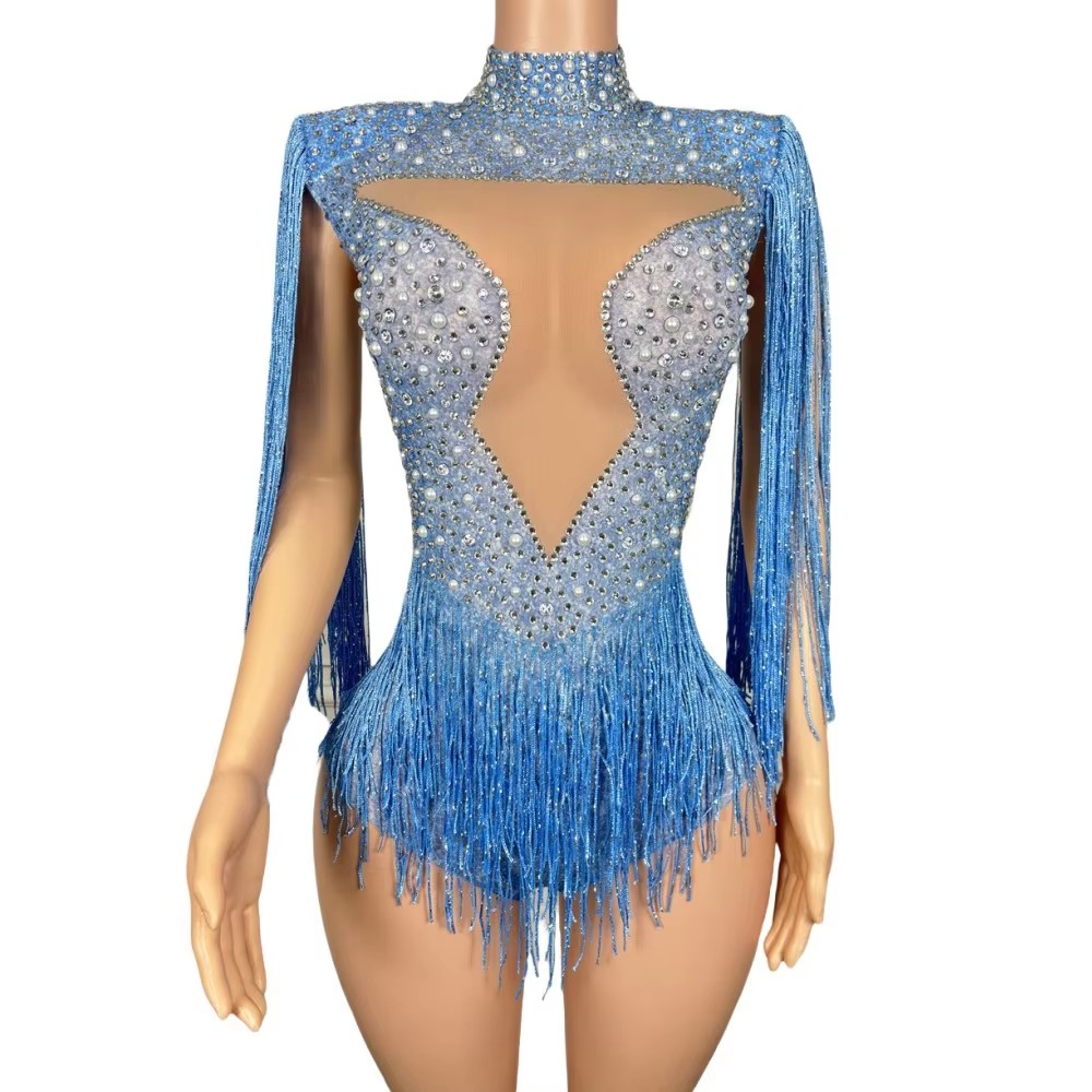 Rhinestone Banding Trim - Niebieskie body z frędzlami z dżetów,