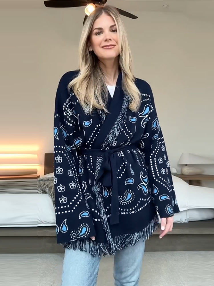 Elegancki kardigan z nadrukiem – Tassel Fringe Trim recenzja i cena